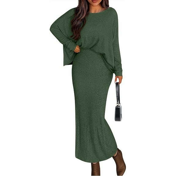 PRETTYGARDEN Women's Fall Two Piece Matching Skirt Sets Long Sleeve Tops Maxi Long Slit Bodycon Skirts Vacation Outfits