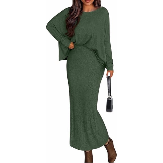 PRETTYGARDEN Women's Fall Two Piece Matching Skirt Sets Long Sleeve Tops Maxi Long Slit Bodycon Skirts Vacation Outfits