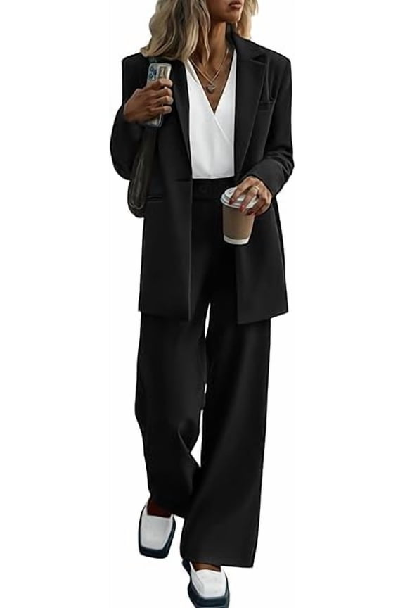 Women's Fall Two Piece Outfits Dressy Blazer Jacket and Wide Leg Pants Pockets Business Casual Office Suit Sets
