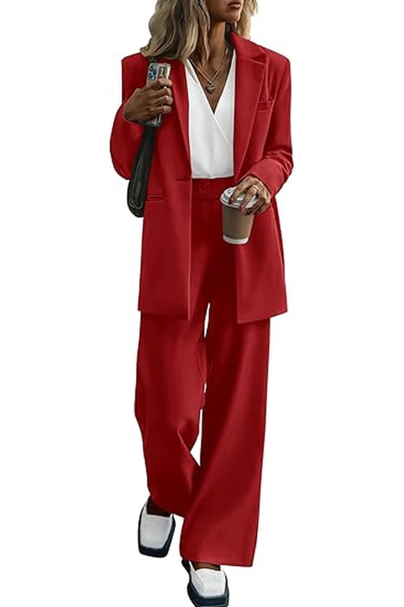 Women's Fall Two Piece Outfits Dressy Blazer Jacket and Wide Leg Pants Pockets Business Casual Office Suit Sets