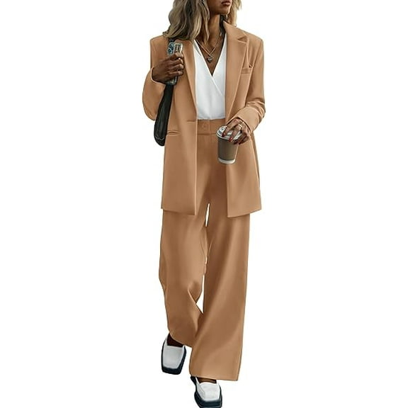 PRETTYGARDEN Women's Fall Two Piece Outfits Dressy Blazer Jacket and Wide Leg Pants Pockets Business Casual Office Suit Sets