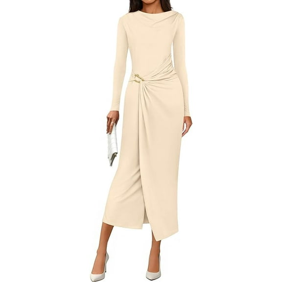 PRETTYGARDEN Women's Fall Wedding Guest Cocktail Midi Dresses Elegant Long Sleeve Bodycon Ruched Dress Fashion Clothing