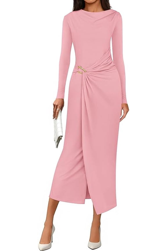 Women's Fall Wedding Guest Cocktail Midi Dresses Elegant Long Sleeve Bodycon Ruched Dress Fashion Clothing