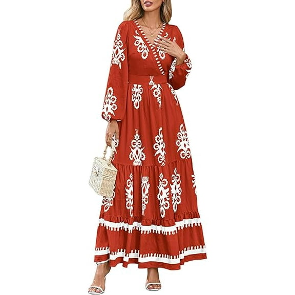 PRETTYGARDEN Women's Fall Wedding Guest Dresses Boho Floral Long Sleeve V Neck Flowy Elegant Maxi Dress Beach Clothes