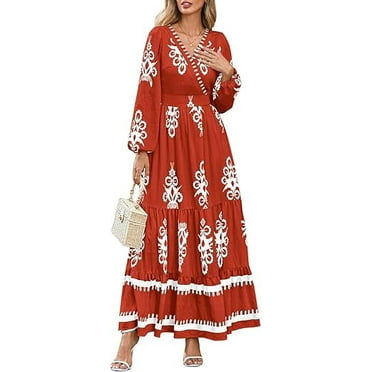 PRETTYGARDEN Women's Fall Wedding Guest Dresses Boho Floral Long Sleeve V Neck Flowy Elegant Maxi Dress Beach Clothes