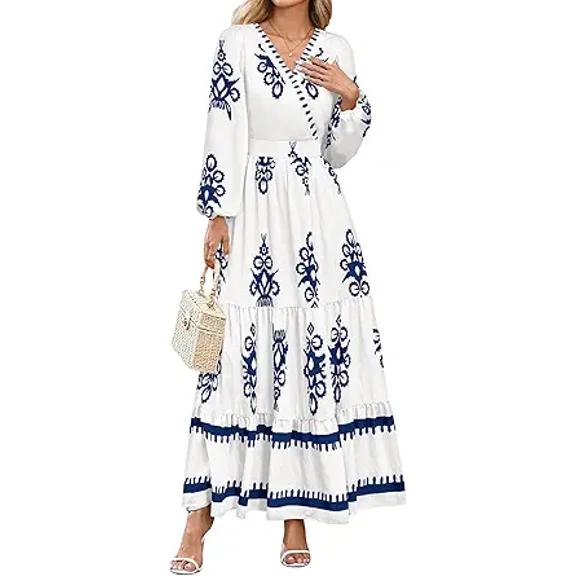 PRETTYGARDEN Women's Fall Wedding Guest Dresses Boho Floral Long Sleeve V Neck Flowy Elegant Maxi Dress Beach Clothes