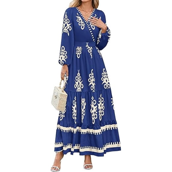 PRETTYGARDEN Women's Fall Wedding Guest Dresses Boho Floral Long Sleeve V Neck Flowy Elegant Maxi Dress Beach Clothes