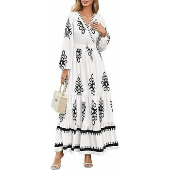 PRETTYGARDEN Women's Fall Wedding Guest Dresses Boho Floral Long Sleeve V Neck Flowy Elegant Maxi Dress Beach Clothes