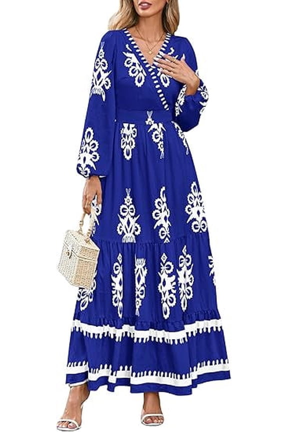 Women's Fall Wedding Guest Dresses Boho Floral Long Sleeve V Neck Flowy Elegant Maxi Dress Beach Clothes