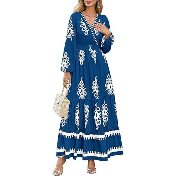 PRETTYGARDEN Women's Fall Wedding Guest Dresses Boho Floral Long Sleeve V Neck Flowy Elegant Maxi Dress Beach Clothes