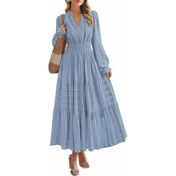 PRETTYGARDEN Women's Fall Wedding Guest Dresses Long Sleeve V Neck Flowy Elegant Holiday Party Maxi Dress with Pockets