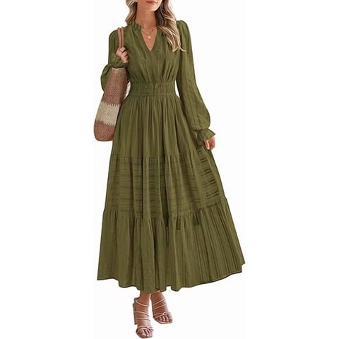 Women's Fall Wedding Guest Dresses Long Sleeve V Neck Flowy Elegant Holiday Party Maxi Dress with Pockets