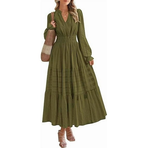 PRETTYGARDEN Women's Fall Wedding Guest Dresses Long Sleeve V Neck Flowy Elegant Holiday Party Maxi Dress with Pockets
