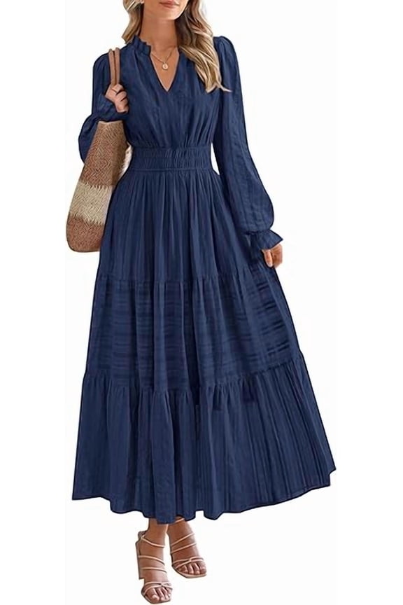 Women's Fall Wedding Guest Dresses Long Sleeve V Neck Flowy Elegant Holiday Party Maxi Dress with Pockets