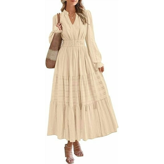 PRETTYGARDEN Women's Fall Wedding Guest Dresses Long Sleeve V Neck Flowy Elegant Holiday Party Maxi Dress with Pockets