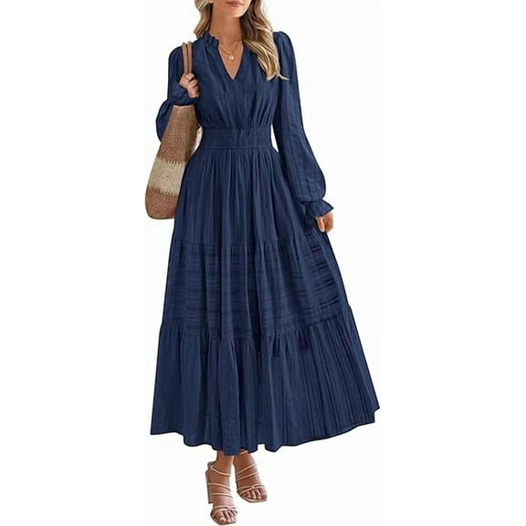 PRETTYGARDEN Women's Fall Wedding Guest Dresses Long Sleeve V Neck Flowy Elegant Holiday Party Maxi Dress with Pockets