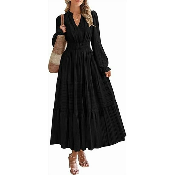 PRETTYGARDEN Women's Fall Wedding Guest Dresses Long Sleeve V Neck Flowy Elegant Holiday Party Maxi Dress with Pockets