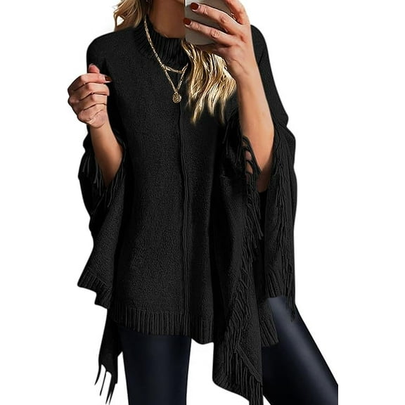 PRETTYGARDEN Women's Fall Winter Poncho Sweaters Trendy Chunky Knit Fringe Shawls Wraps Pullover Tops Holiday Outfits