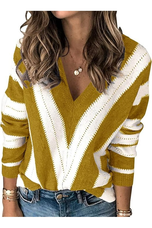 Women's Fashion Long Sleeve Striped Color Block Knitted Sweater Crew Neck Loose Pullover Jumper Tops