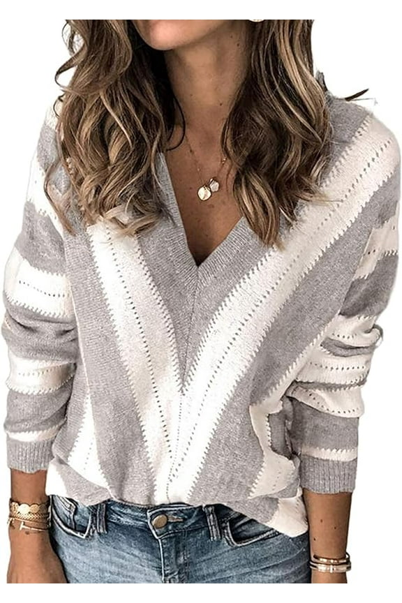 Women's Fashion Long Sleeve Striped Color Block Knitted Sweater Crew Neck Loose Pullover Jumper Tops