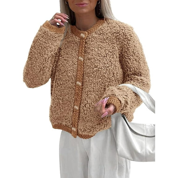 PRETTYGARDEN Women's Faux Fur Coat Fall Fuzzy Fleece Button up Shearling Cropped Jackets Winter Trendy Outerwear