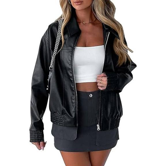 PRETTYGARDEN Women's Faux Leather Jackets Fall Long Sleeve Bomber Jacket Zip Up Motorcycle Coats Winter Clothes