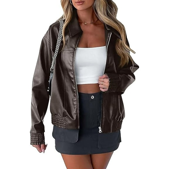 PRETTYGARDEN Women's Faux Leather Jackets Fall Long Sleeve Bomber Jacket Zip Up Motorcycle Coats Winter Clothes