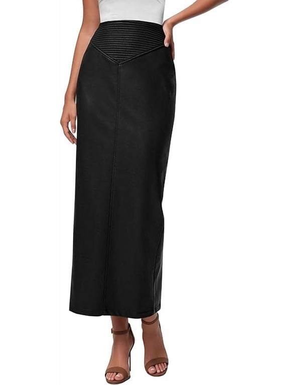 Women's Faux Leather Long Skirt Fall Trendy Clothes High Waist Dressy Casual Pencil Maxi Skirts with Slit