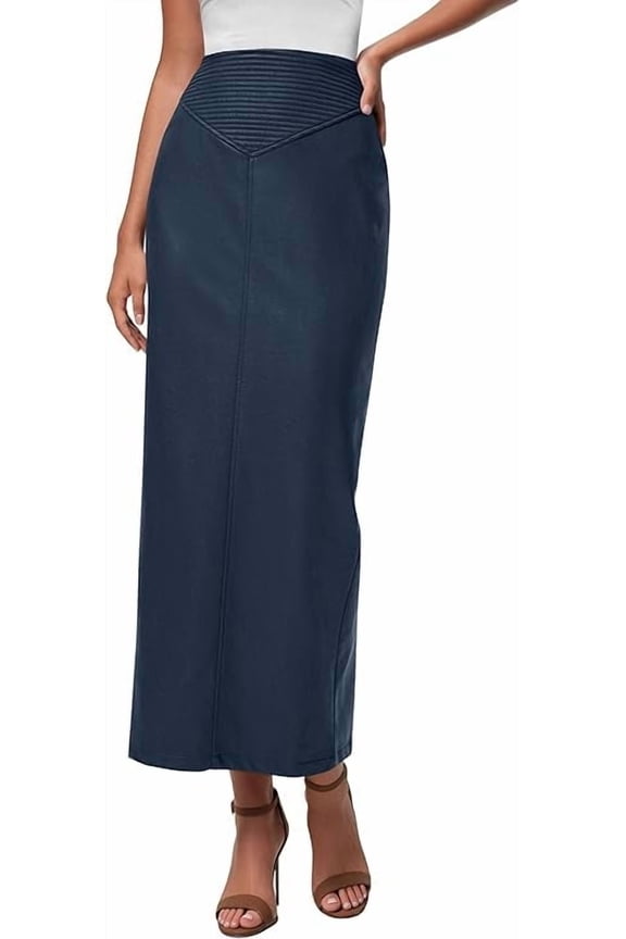 Women's Faux Leather Long Skirt Fall Trendy Clothes High Waist Dressy Casual Pencil Maxi Skirts with Slit