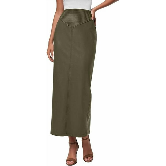 PRETTYGARDEN Women's Faux Leather Long Skirt Fall Trendy Clothes High Waist Dressy Casual Pencil Maxi Skirts with Slit