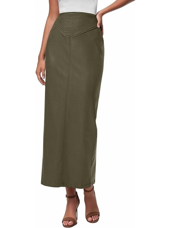 Women's Faux Leather Long Skirt Fall Trendy Clothes High Waist Dressy Casual Pencil Maxi Skirts with Slit