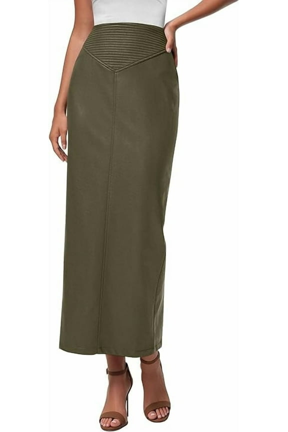 Women's Faux Leather Long Skirt Fall Trendy Clothes High Waist Dressy Casual Pencil Maxi Skirts with Slit