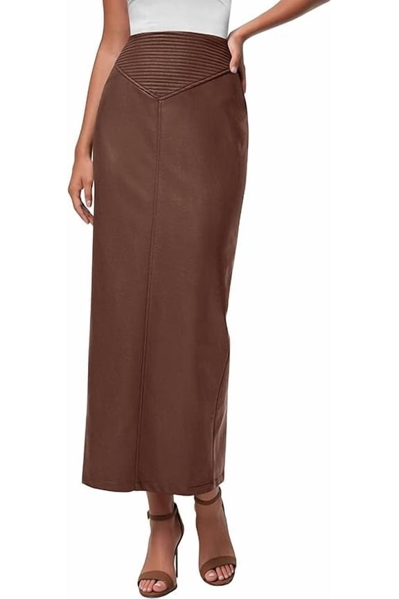 Women's Faux Leather Long Skirt Fall Trendy Clothes High Waist Dressy Casual Pencil Maxi Skirts with Slit