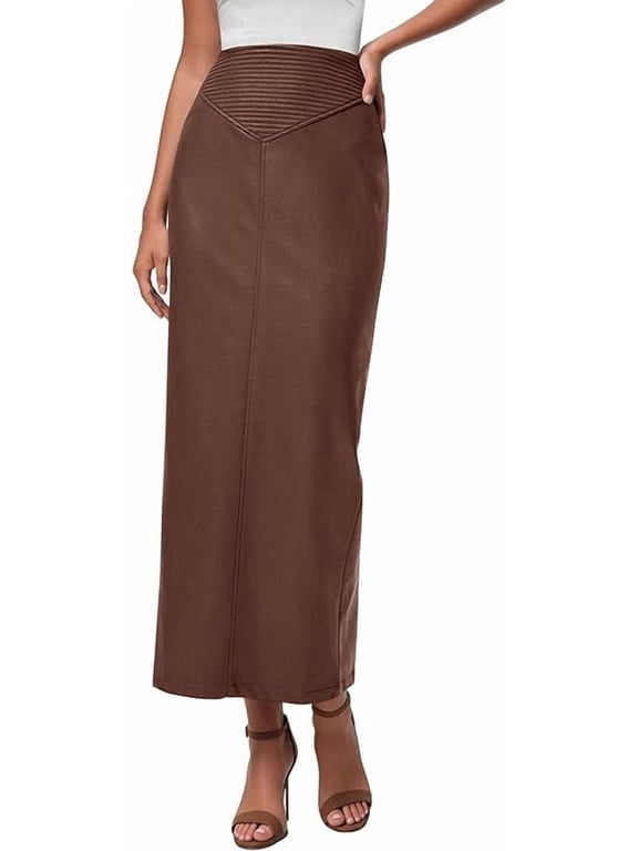 Women's Faux Leather Long Skirt Fall Trendy Clothes High Waist Dressy Casual Pencil Maxi Skirts with Slit