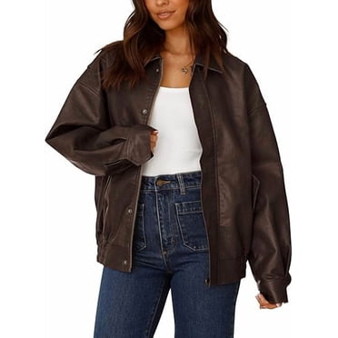 PRETTYGARDEN Women's Faux Leather Motorcycle Jacket Trendy Fall Spring Clothes Oversized Zip Up Winter Coat Outerwear