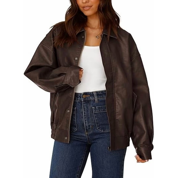 PRETTYGARDEN Women's Faux Leather Motorcycle Jacket Trendy Fall Spring Clothes Oversized Zip Up Winter Coat Outerwear