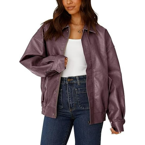 PRETTYGARDEN Women's Faux Leather Motorcycle Jacket Trendy Fall Spring Clothes Oversized Zip Up Winter Coat Outerwear