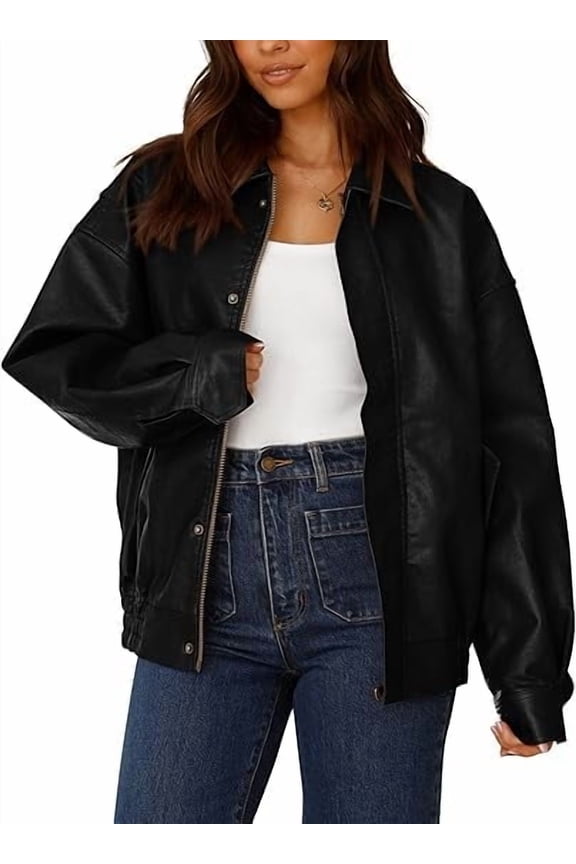 Women's Faux Leather Motorcycle Jacket Trendy Fall Spring Clothes Oversized Zip Up Winter Coat Outerwear