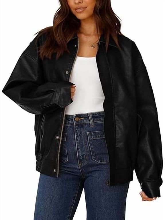 Women's Faux Leather Motorcycle Jacket Trendy Fall Spring Clothes Oversized Zip Up Winter Coat Outerwear