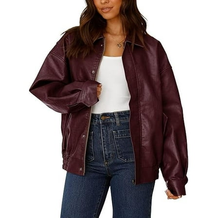 PRETTYGARDEN Women's Faux Leather Motorcycle Jacket Trendy Fall Spring Clothes Oversized Zip Up Winter Coat Outerwear