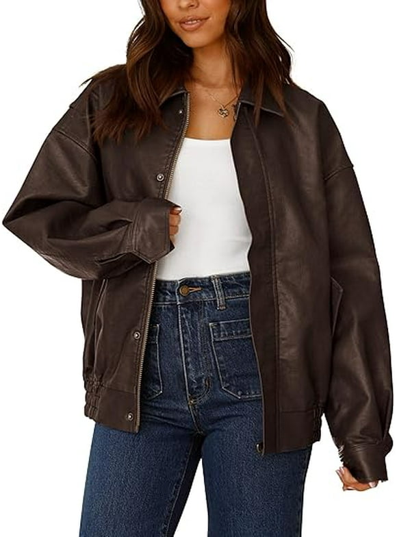 Women's Faux Leather Motorcycle Jacket Trendy Fall Spring Clothes Oversized Zip Up Winter Coat Outerwear