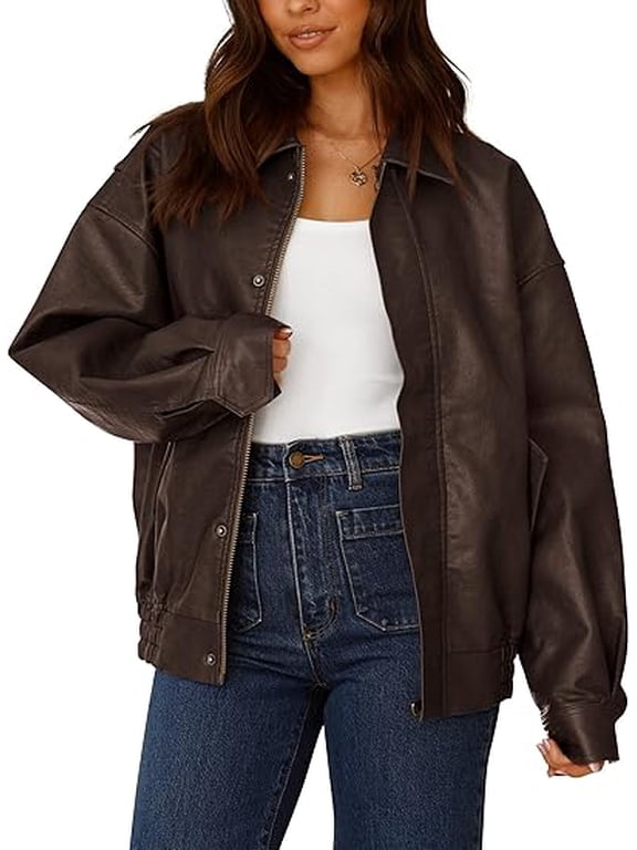 Women's Faux Leather Motorcycle Jacket Trendy Fall Spring Clothes Oversized Zip Up Winter Coat Outerwear