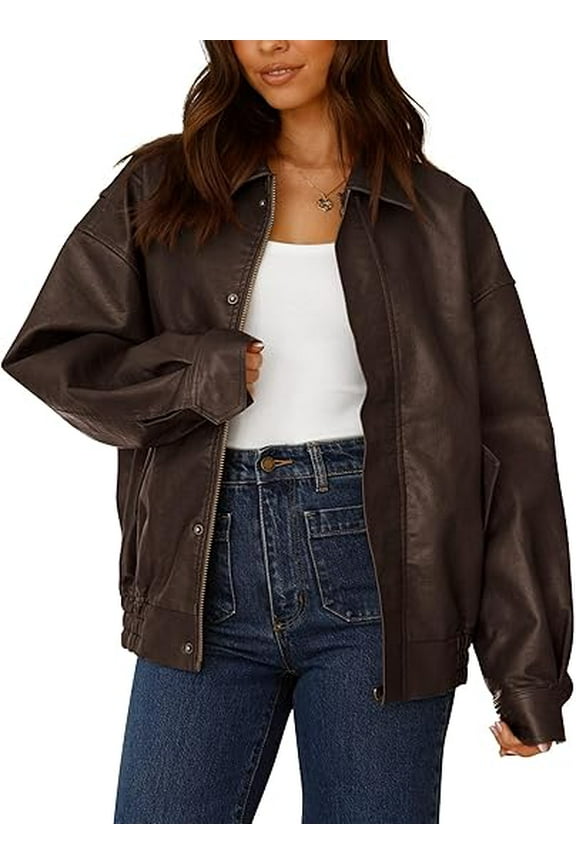 Women's Faux Leather Motorcycle Jacket Trendy Fall Spring Clothes Oversized Zip Up Winter Coat Outerwear
