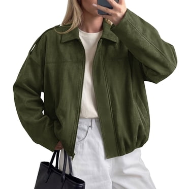 PRETTYGARDEN Women's Faux Suede Cropped Bomber Jacket | Long Sleeve Zip Up Casual Going Out Jackets Coat, Oversized Loose Fit Western Outfits, Trendy Outerwear, Fall Clothes