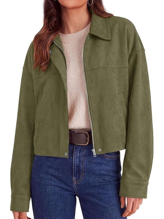 Women's Faux Suede Cropped Fall Jackets,Soft Zip Up Coats,Classic Lapel Collar,Button Down Shacket,Oversized Casual Outerwear,Trendy Winter Clothes with Pockets