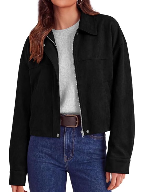 Women's Faux Suede Cropped Fall Jackets,Soft Zip Up Coats,Classic Lapel Collar,Button Down Shacket,Oversized Casual Outerwear,Trendy Winter Clothes with Pockets