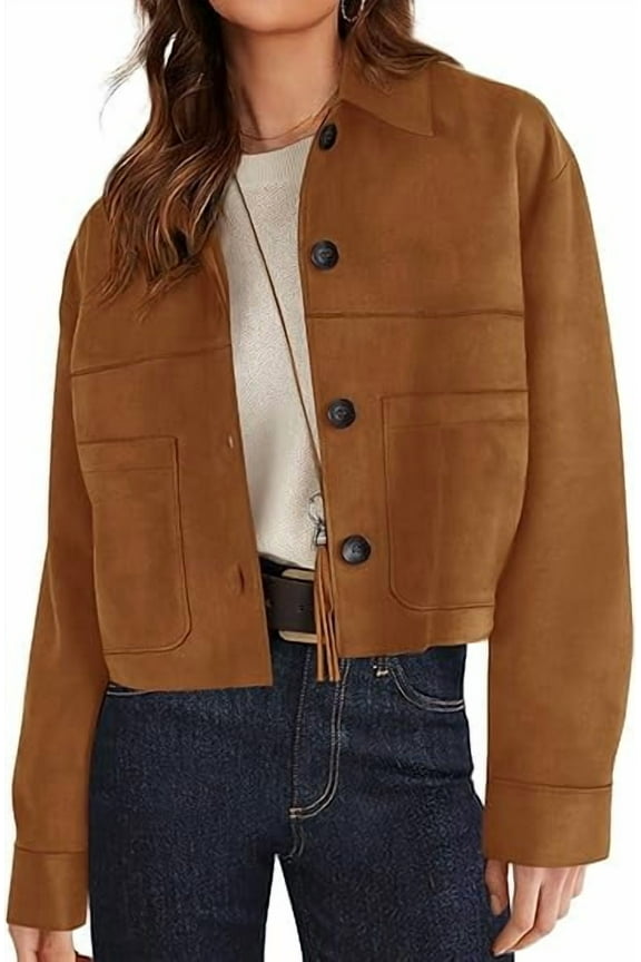 Women's Faux Suede Cropped Jacket Casual Fall Fashion Button Down Winter Coats Outerwear Trendy Clothes
