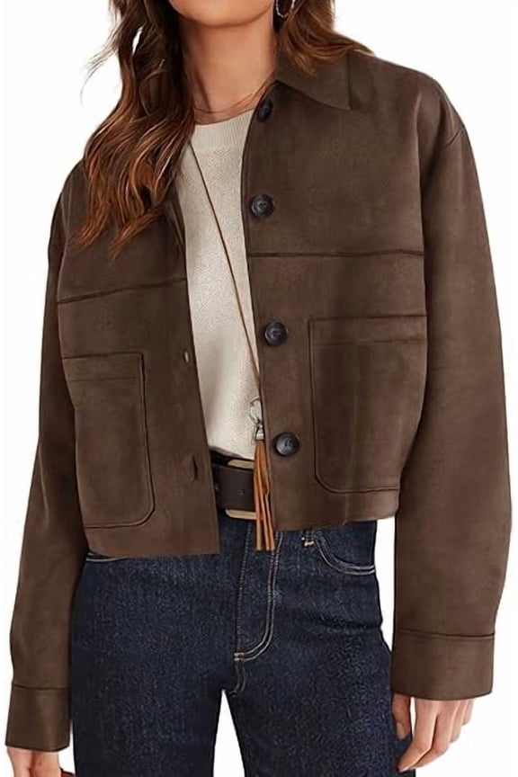 Women's Faux Suede Cropped Jacket Casual Fall Fashion Button Down Winter Coats Outerwear Trendy Clothes