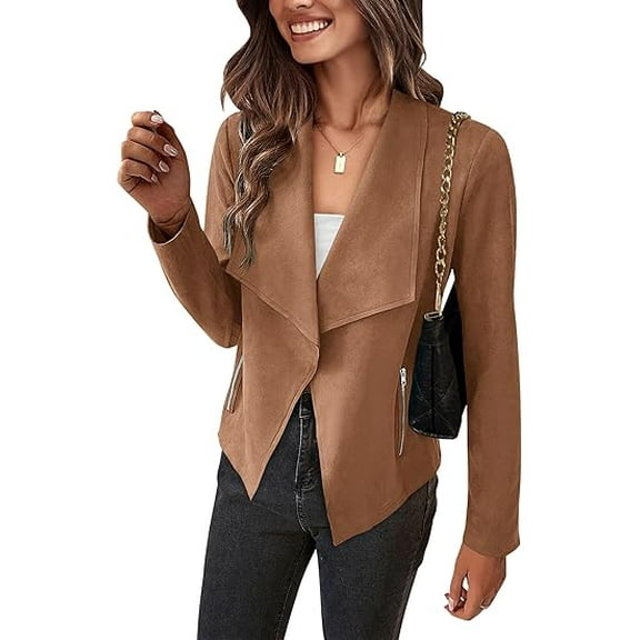 PRETTYGARDEN Women's Faux Suede Jackets 2025 Spring Fall Clothes Long Sleeve Open Front Cropped Coat Outwear