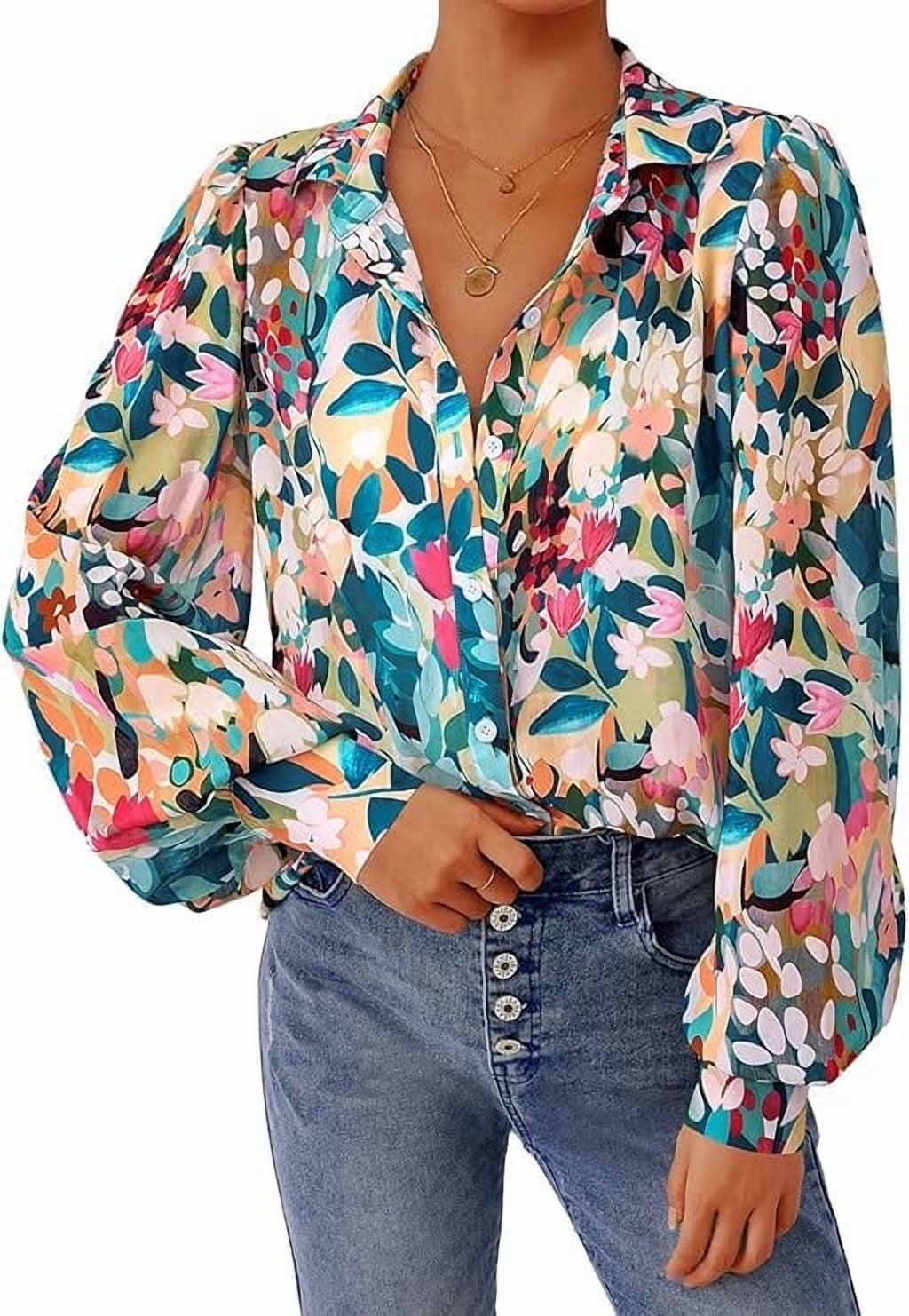Women Summer Casual Flower Button Loose Pullover Shirt